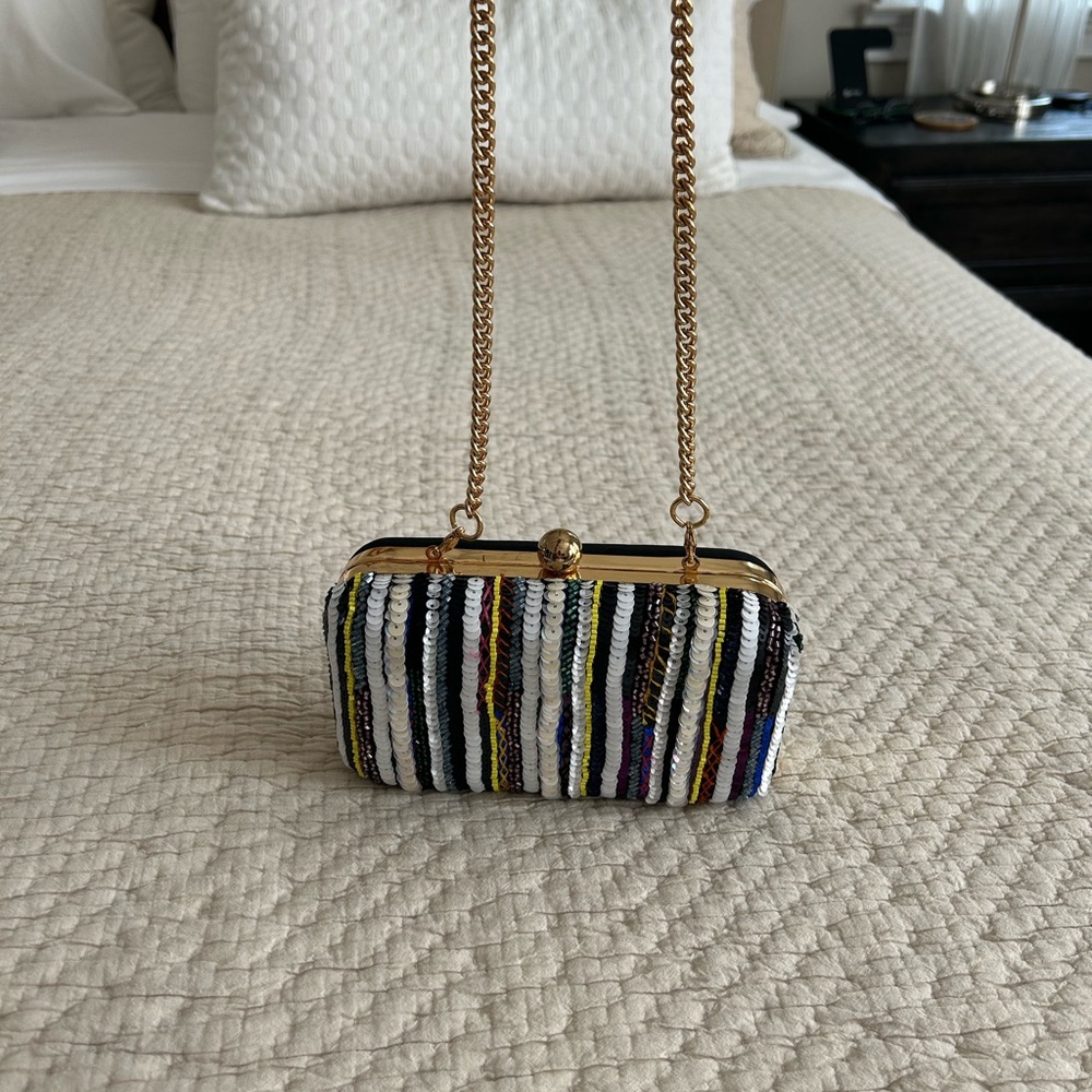 J. Crew Multicolor Sequin Clutch with Gold Chain